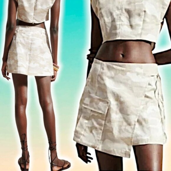 NWT ZARA Camo Linen Blend Cargo Wrap Mini Skirt Sz Small - Picture 1 of 8